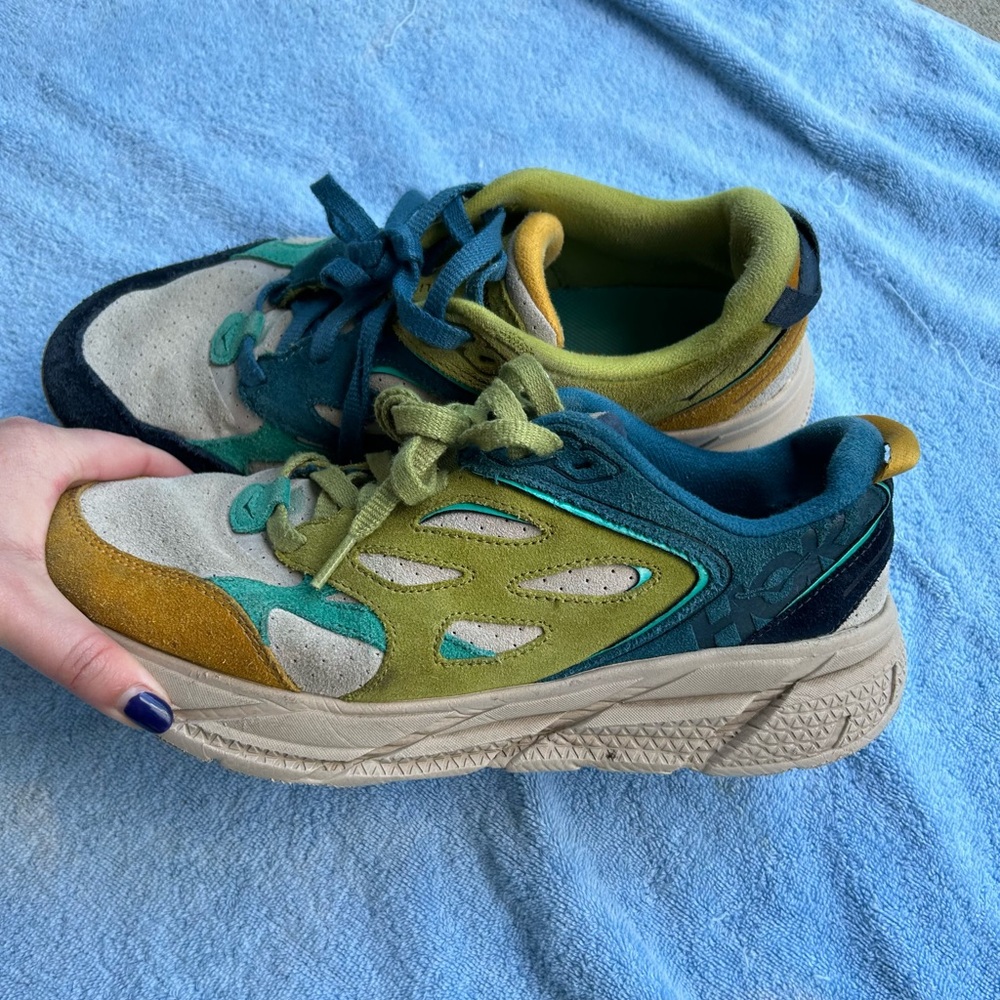 Hoka Clifton suede multicolored running shoes lifestyle size men’s 10 women’s 11